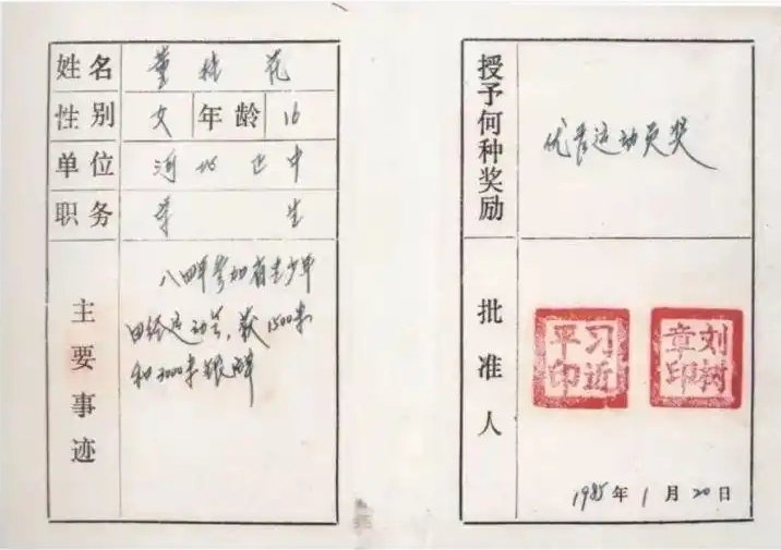 图为1985年1月，时任正定县委书记的习近平为参赛运动员颁发的“优秀运动员奖”。